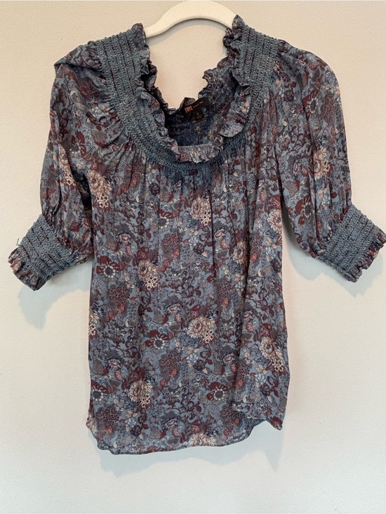 Frye Tops - Frye Slate Blue Floral Smocked Ruffle-Neck Blouse